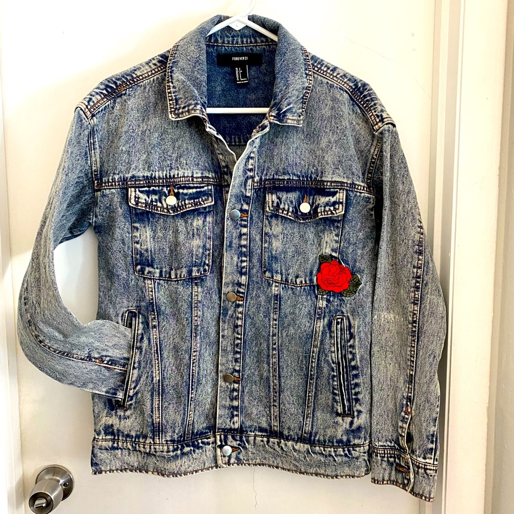Forever 21 jean jacket with embroidered rose and wolf howling at the moon.